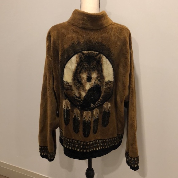 Outback Trading Company fleece jacket front zip pockets wolf eagle feather SZ XL - Picture 1 of 13